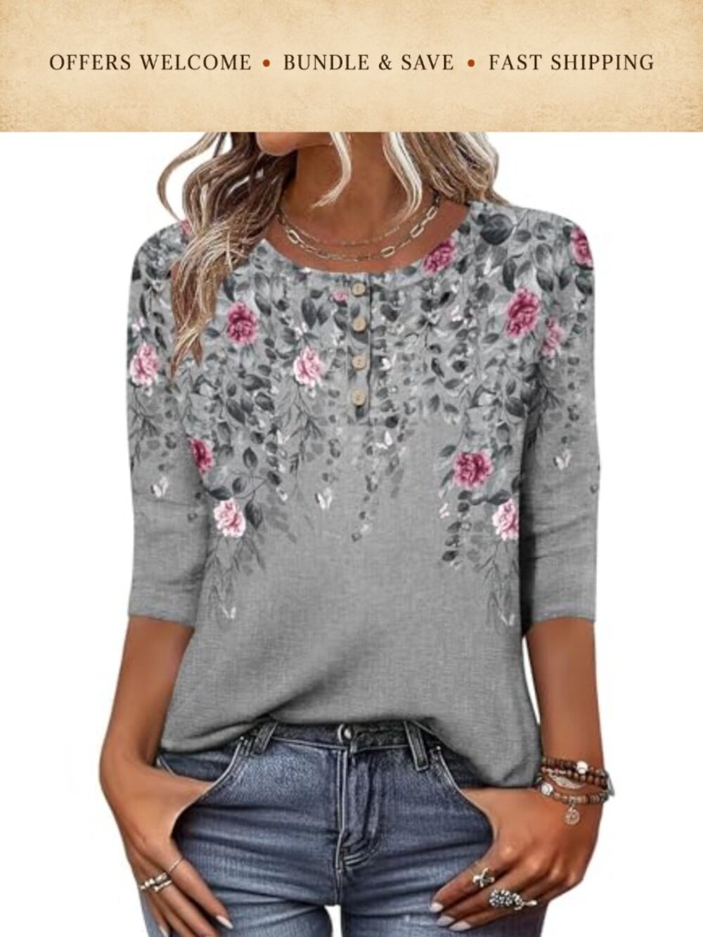 3/4 Sleeve Tunic Top Crew Neck Button Down Blouse